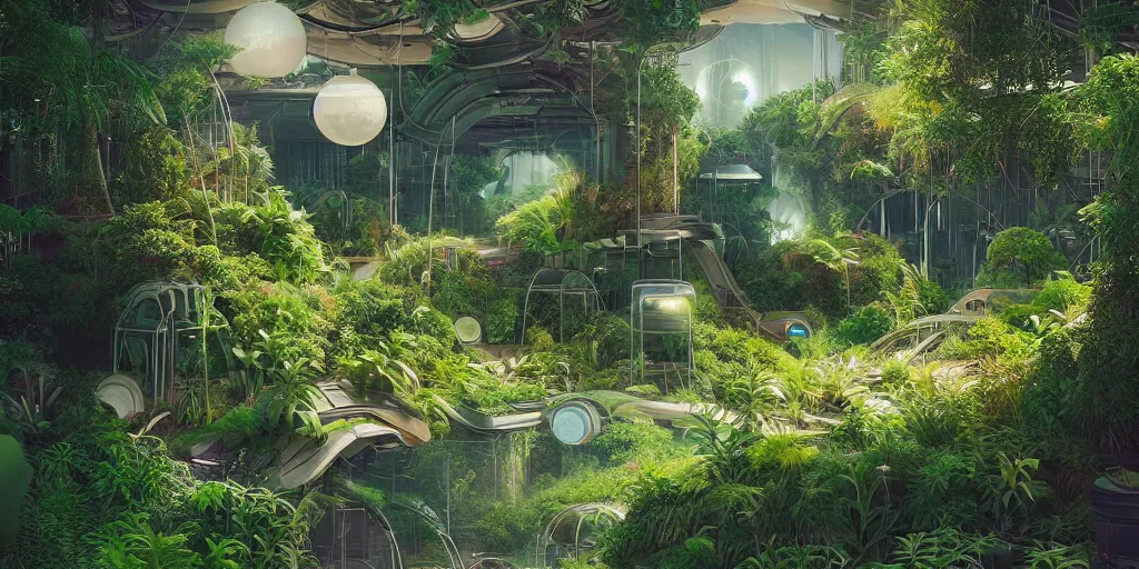 Image similar to solarpunk garden, sci - fi, plants, greenery, digital art by beeple
