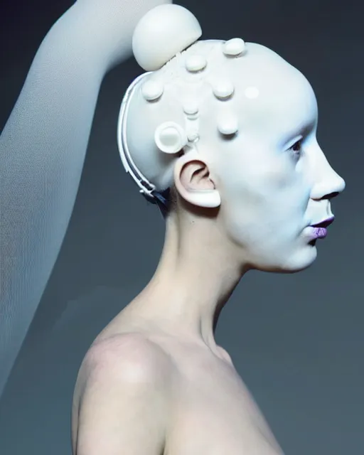 Prompt: portrait of a woman wearing a white embroidered translucent silicone mask and white blue frizzy hair buns, wearing a black bodysuit by alexander mcqueen, cream white background, soft diffused light, biotechnology, humanoide robot, bjork aesthetic, translucent, by rineke dijkstra, intricate details, highly detailed, masterpiece,