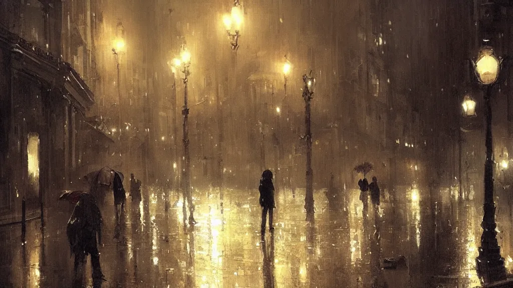 Image similar to rainy night in paris, greg rutkowski