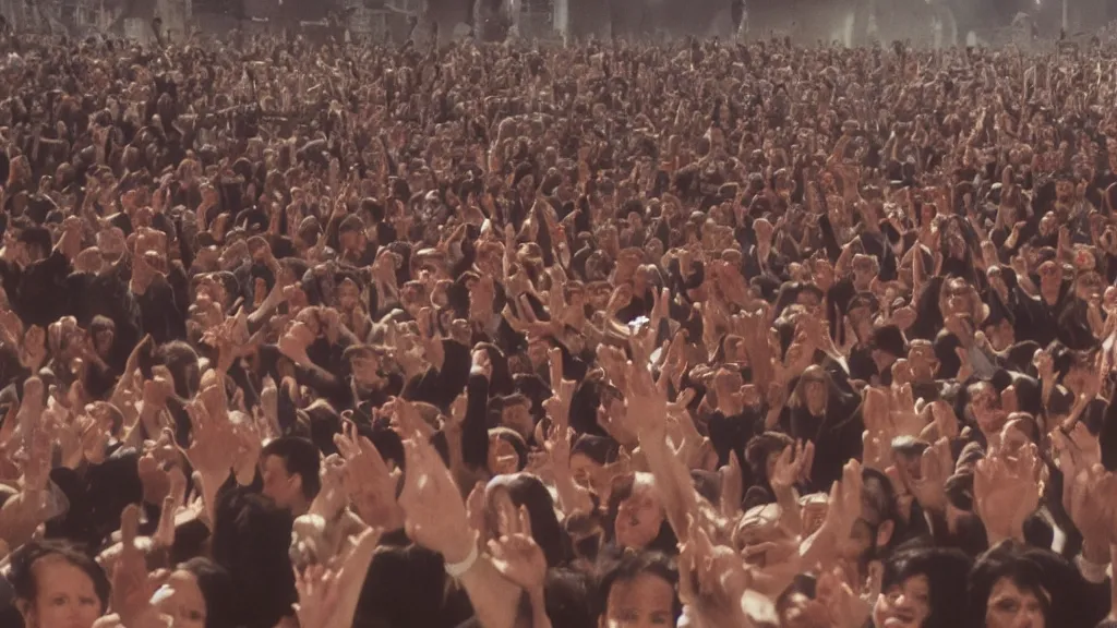 Image similar to movie still of a crowd waving saying good morning, cinematic composition, cinematic light, by alejandro jodorowsky