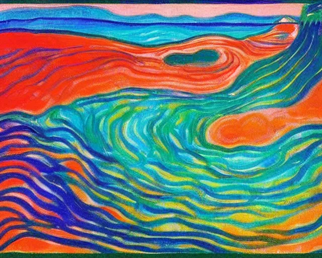 Image similar to Ocean waves in a psychedelic dream world. DMT. Curving rivers. Landscape painting by Edvard Munch. David Hockney.