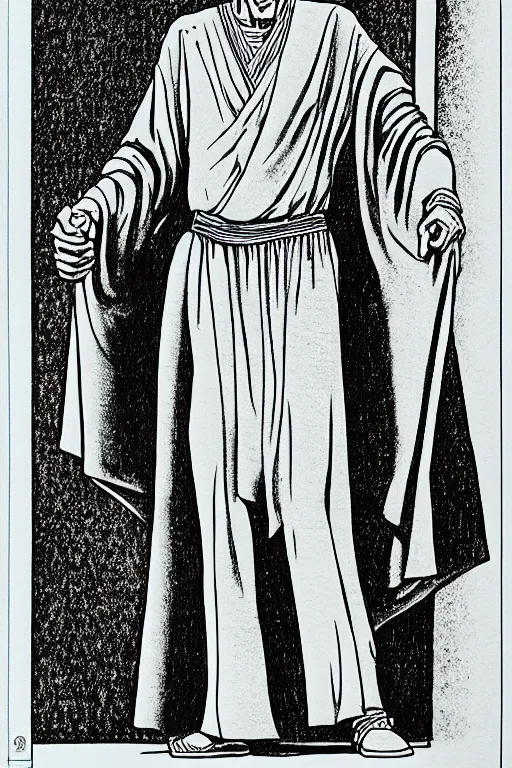 Image similar to larry david as god, full body, pen - and - ink illustration, etching, by russ nicholson, david a trampier, larry elmore, 1 9 8 1, hq scan, intricate details, stylized border