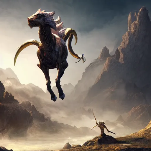 Image similar to man riding the elusive mythical capricorn creature while being attacked by monsters, fantasy art, concept art, character design, unreal engine 5, ultra detailed, cinematic, dramatic lighting