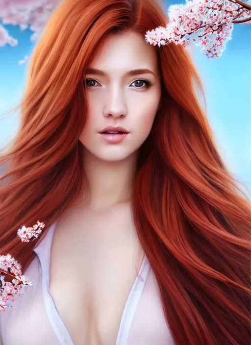 Image similar to photo of a gorgeous female with auburn hair in the style of stefan kostic, realistic, half body shot, sharp focus, 8 k high definition, insanely detailed, intricate, elegant, art by stanley lau and artgerm, extreme blur cherry blossoms background