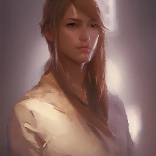 Image similar to Portrait of a woman by Greg Rutkowski, she is about 20 years old, brown long and straight hair, pretty oval face, attractive, Artstation HQ