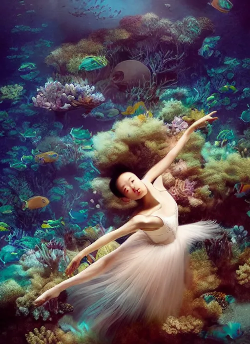 Prompt: stunningly beautiful, asian prima ballerina at the bottom of the great barrier reef, smooth, focus, highly detailed, hyper realistic, dramatic lighting, elegant, intricate, concept art, art by wlop, mars ravelo, greg rutowski