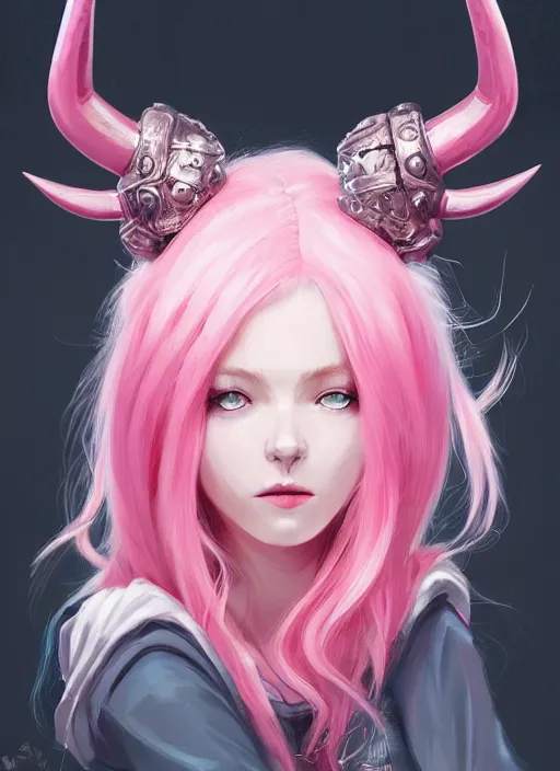 Image similar to a highly detailed illustration of cute smug pink haired pale girl with two curved horns wearing oversized pink hoodie, dramatic smirk pose, intricate, elegant, highly detailed, centered, digital painting, artstation, concept art, smooth, sharp focus, league of legends concept art, wlop.