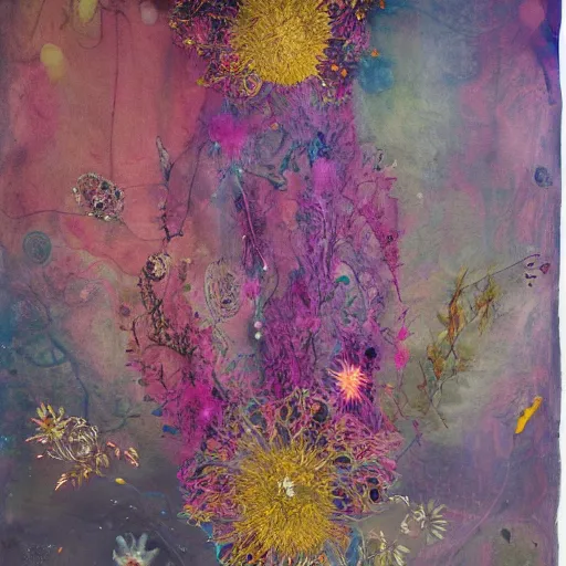 Prompt: subtle, a e s t h e t i c illuminated codex gilded by donna huanca. assemblage. this illustration is a large canvas, covered in a wash of color. in the center is a cluster of flowers, their petals curling & twisting in on themselves. the effect is ethereal & dreamlike, & the overall effect is one of serenity & peace.