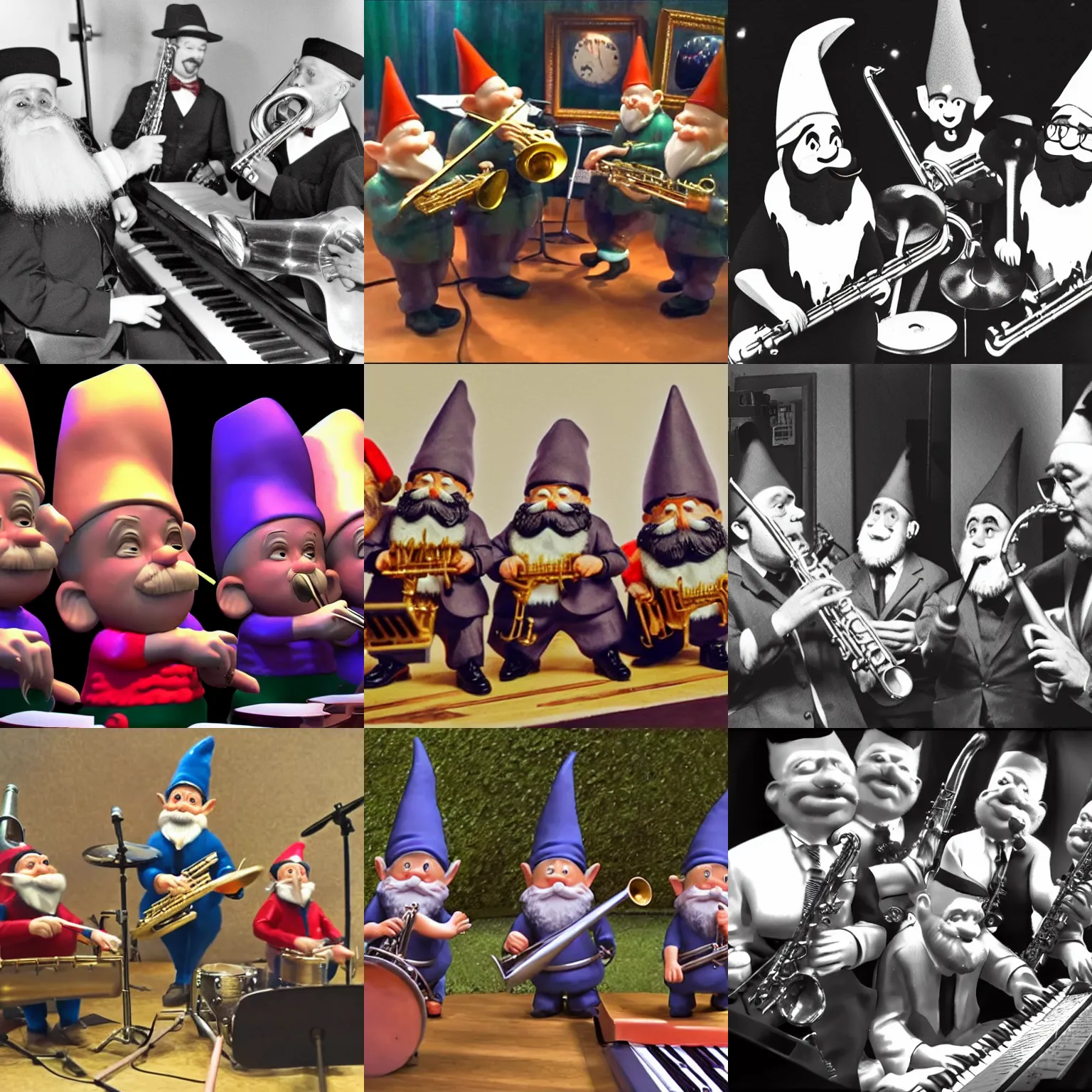 Prompt: footage of a group of gnomes playing in a jazz band