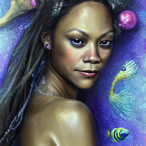 Image similar to zoe saldana portrait, fantasy, mermaid, hyperrealistic, game character, underwater, highly detailed, sharp focus, cinematic lighting, pearls, glowing hair, shells, gills, crown, water, highlights, starfish, jewelry, realistic, digital art, pastel, magic, fiction, ocean, king, colorful hair, sparkly eyes, fish, heroic, goddess, waves, bubbles, queen