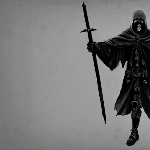 Prompt: a man with a skull head in a grey cloak holding his black spear up to the sky, concept art, Digital art
