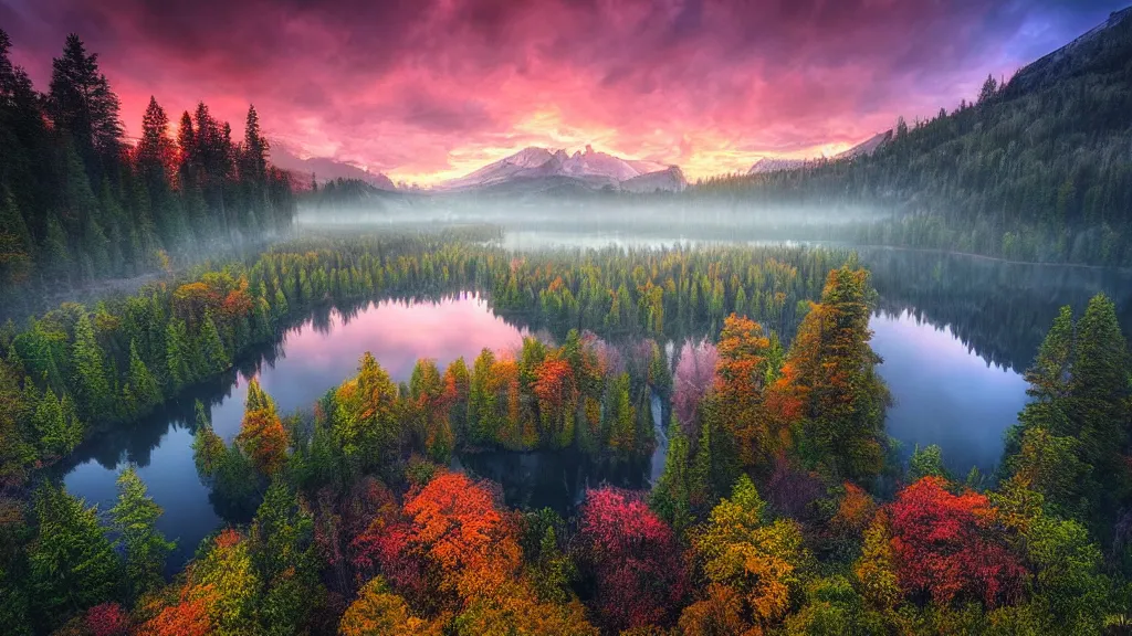 Image similar to amazing landscape photo of a forest with lake in sunset by marc adamus, beautiful dramatic lighting