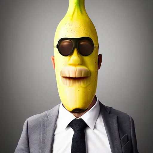 Image similar to banana head, a man wearing a suit banana head