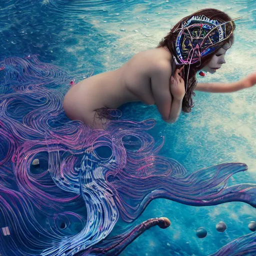 Image similar to kawaii puerto rican goddess swimming in the ocean wearing a bespoke headdress designed by emma yeo made of circuitry, inspired by cameron gray, wlop, stanley kubrick, masamune, unique perspective, photorealistic, intricate foreground, dof, trending on artstation, 3 d render, vivid