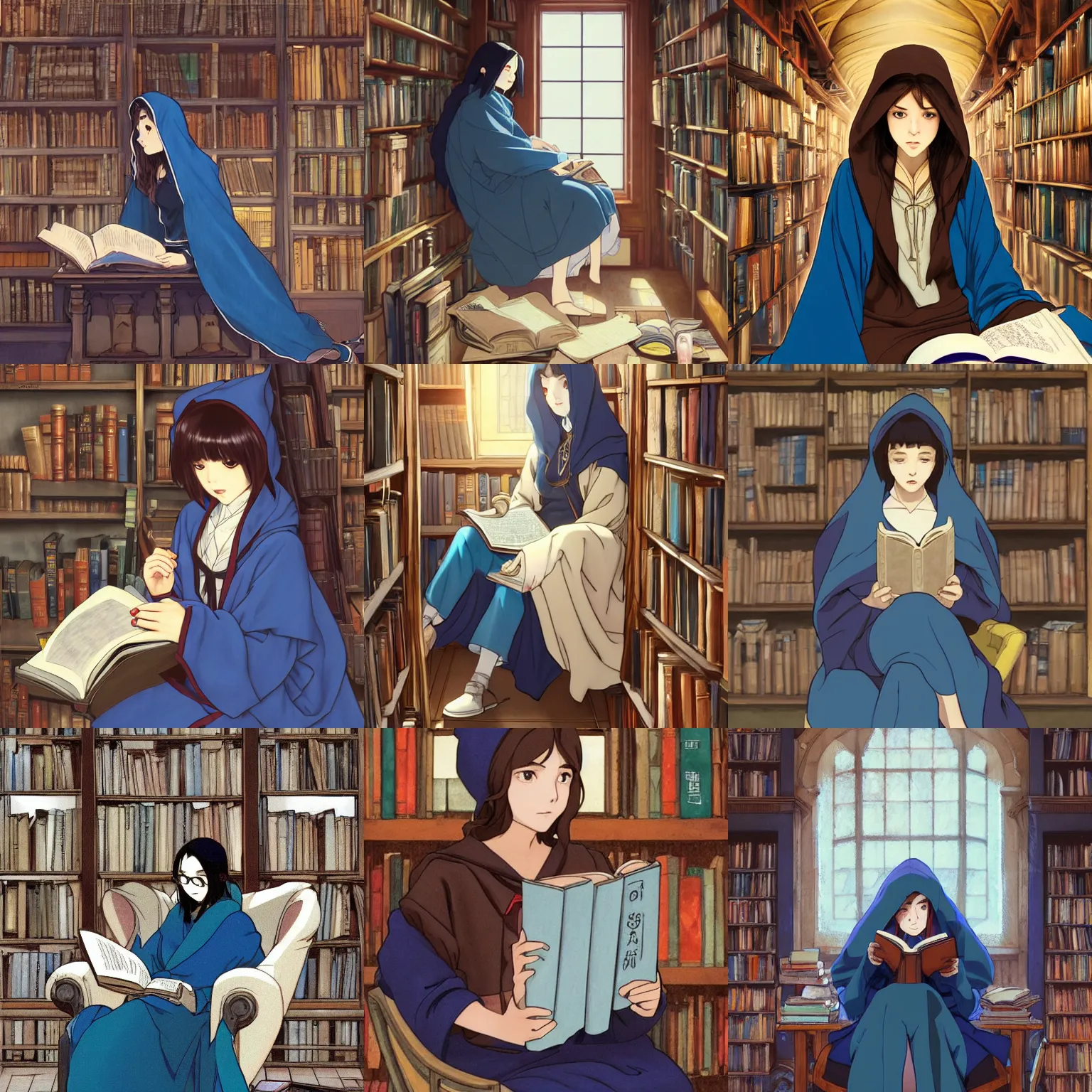 Prompt: a female wizard with brown hair wearing a blue hood and blue robe sitting in an armchair reading a book in an old library, ambient lighting, highly detailed, digital painting, trending on pixiv fanbox, studio ghibli, extremely high quality artwork, art by ross tran and artgerm and makoto shinkai and alphonse mucha