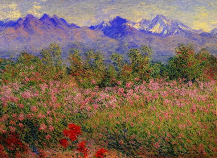 Image similar to a landscape of the city of santiago de chile with the andes mountain range background impressionist painting by monet