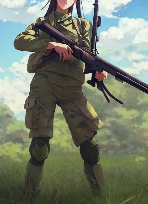 Image similar to portrait of cute soldier girl shooting rifle, cloudy sky background lush landscape illustration concept art anime key visual trending pixiv fanbox by wlop and greg rutkowski and makoto shinkai and studio ghibli and kyoto animation soldier clothing military gear realistic anatomy mechanized