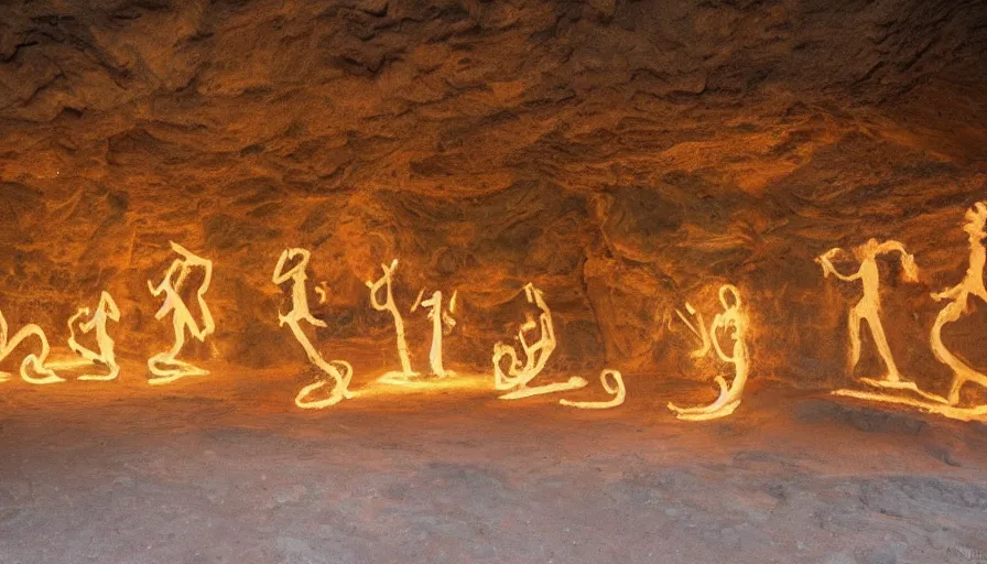 Image similar to the karma sutra painted on cave walls lit by fire