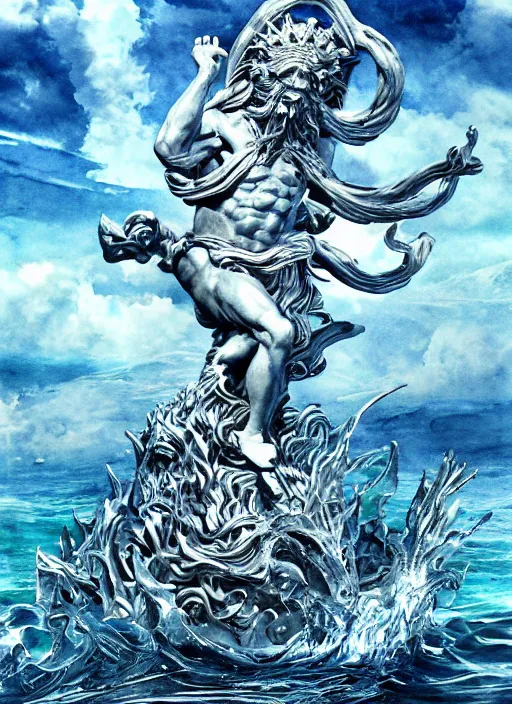 Prompt: Poseidon, the king of sea, with crown and trident rising from the ocean, watercolor, dramatic lighting, cinematic, establishing shot, extremly high detail, foto realistic, cinematic lighting, pen and ink, intricate line drawings, by Yoshitaka Amano, Ruan Jia, Kentaro Miura, Artgerm, post processed, artstation, matte painting, style by eddie mendoza, raphael lacoste, alex ross