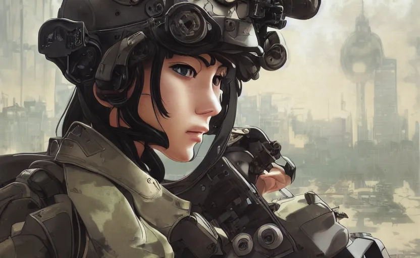 Image similar to side portrait of mechanized soldier girl, anime style, urban in background, soldier clothing, combat helmet, short hair, hair down, symmetrical facial features, from arknights, hyper realistic, 4 k, rule of thirds, extreme detail, detailed drawing, trending artstation, hd, d & d, realistic lighting, by alphonse mucha, greg rutkowski