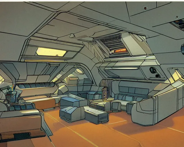 Prompt: cozy spaceship messhall. interior design. ralph mcquarrie scene. clear photo by keith parkinson, walter simonson, syd mead, keith parkinson. ultradetailed