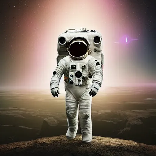 Prompt: Trending NFT digital artwork by Beeple with astronaut in dystopian landscape