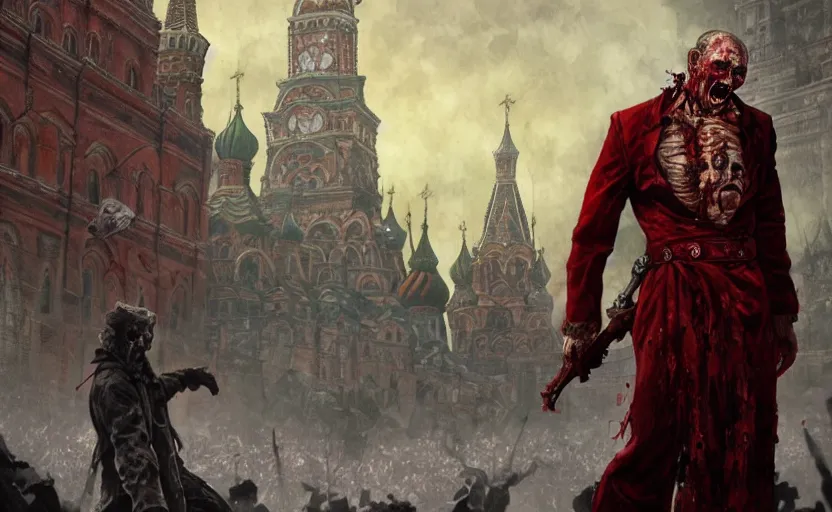 Image similar to zombie Putin in Red Square, fantasy, intricate, highly detailed, digital painting, artstation, concept art, smooth, sharp focus, illustration, art by artgerm and greg rutkowski and alphonse mucha