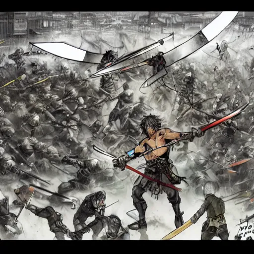 Image similar to one hero with sword vs army of swordsmen in the background, in the middle of an arena, crowd of people, pencil art, straight, clear, added detail, high definiton, colored, backfacing, by yoji shinkawa