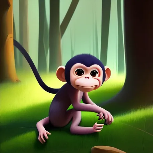 Image similar to goro fujita ilustration a real life baby monkey walking in the forest, painting by goro fujita, sharp focus, highly detailed, artstation