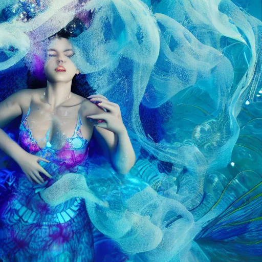 Image similar to beautiful realistic woman dancing underwater wearing a flowing dress made of blue, magenta, and yellow seaweed, delicate coral sea bottom, swirling silver fish, swirling smoke shapes, octane render, caustics lighting from above, cinematic