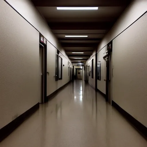 Prompt: endless hospital hallways lit by cold fluorescent lights, eerie, liminal, the back rooms, the outer church
