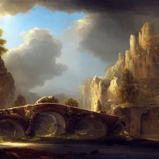 Image similar to digital fantasy of ruined with crystal openwork lace bridge aqueduct at mountain painting by hubert robert high resolution devianart detailed, dreamy, clouds, river