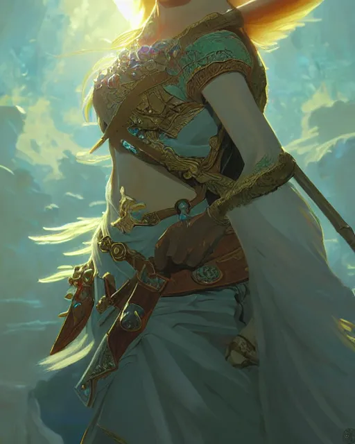 Image similar to legend of Zelda, D&D, fantasy, intricate, elegant, highly detailed, digital painting, artstation, concept art, matte, sharp focus, illustration, hearthstone, art by Artgerm and Greg Rutkowski and Alphonse Mucha