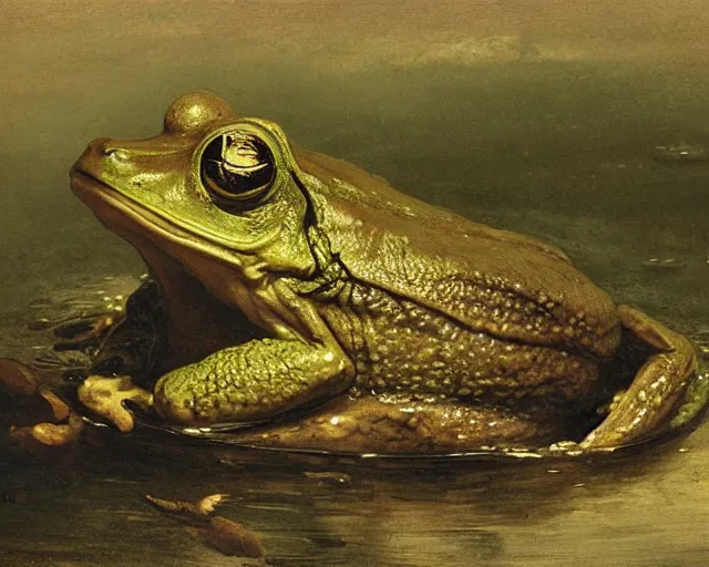 Prompt: gigantic monster frog's head above water of pond holding man with his tongue by andreas achenbach