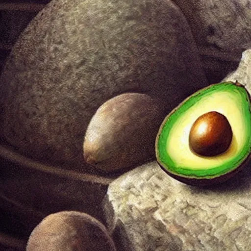 Prompt: avocado being stolen, paleolithic cave painting