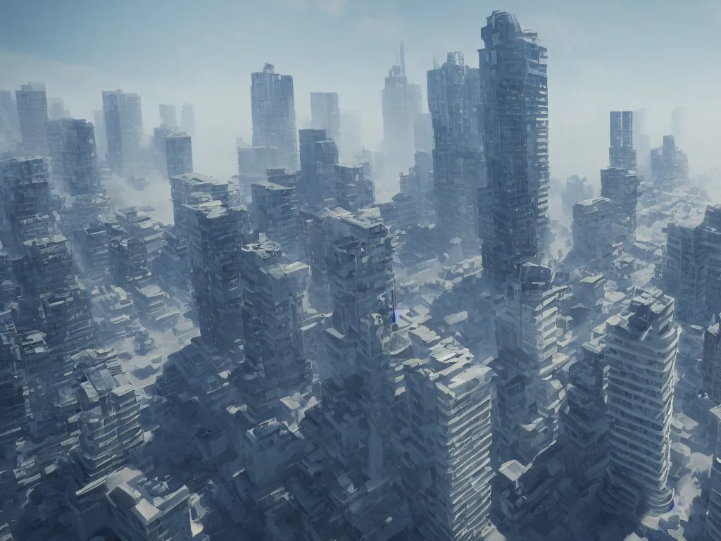 Image similar to High-rise buildings, blue sky, white fog fills the earth, hdr, ue5, unreal engine 5, cinematic 4k wallpaper, ultra detailed, high resolution, artstation, award winning.