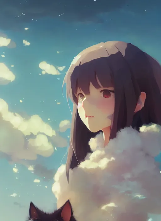 Image similar to portrait of cute catgirl, cloudy sky background lush landscape illustration concept art anime key visual trending pixiv fanbox by wlop and greg rutkowski and makoto shinkai and studio ghibli