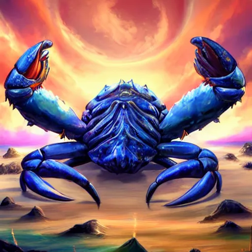 Image similar to blue giant (((((((crab monster)))))))) with giant crab claws, giant crab claws fantasy digital art, magical background in the style of hearthstone artwork