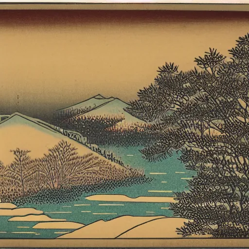 Prompt: late meiji period, colored woodblock print, white winter landscape