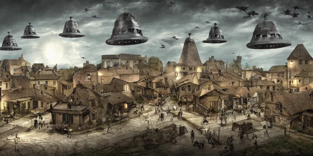 Prompt: ufo's invading a medieval town, view from the street, digital art, matte painting, very detailed