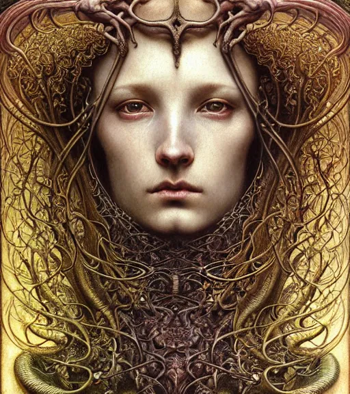 Image similar to detailed realistic beautiful young medieval alien queen face portrait by jean delville, gustave dore and marco mazzoni, art nouveau, symbolist, visionary, gothic, pre - raphaelite, iridescent fractal details. horizontal symmetry by zdzisław beksinski, iris van herpen, raymond swanland and alphonse mucha. highly detailed, hyper - real, beautiful