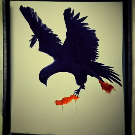 Image similar to indigo raven in flight with one skull in the background with a splash of deep orange greg rutkowski