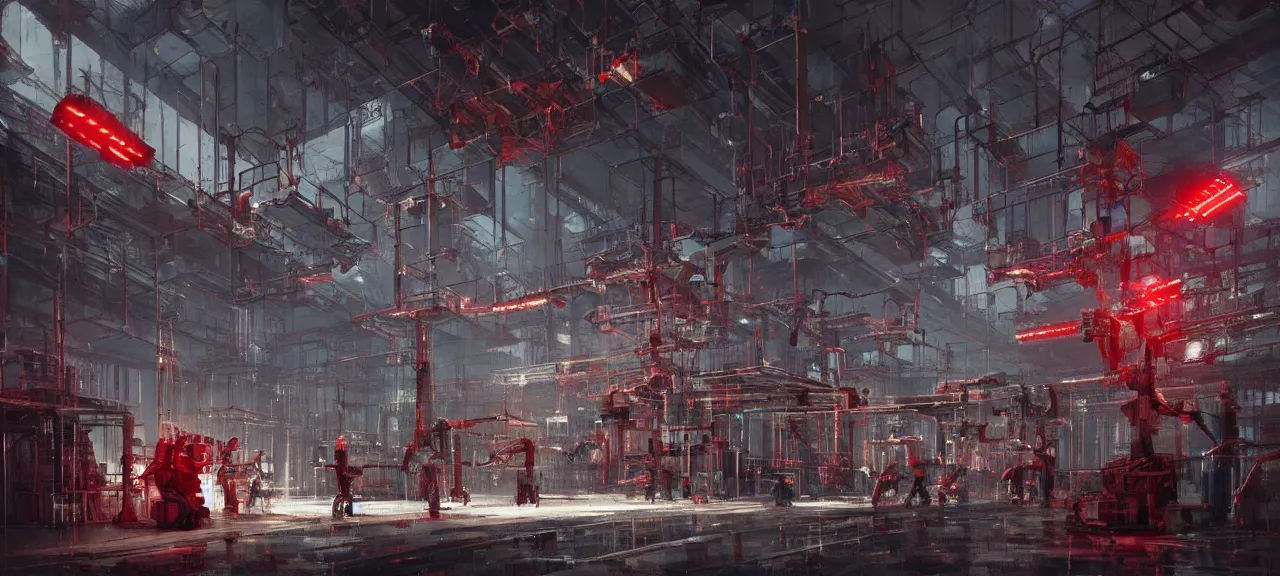 Image similar to dystopian factory building robots, with suspended rails and hanging mechanical parts, robotic arms, red leds, concept art by craig mullins, gloomy, neon lights