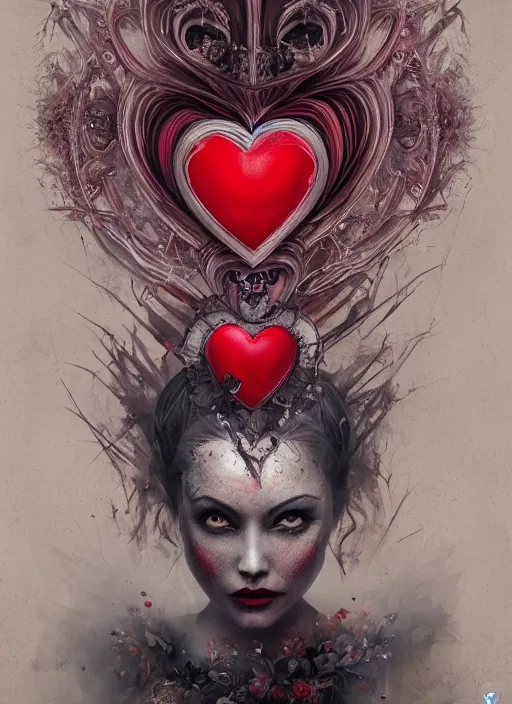 Prompt: queen of hearts, highly detailed, cinematic, 8 k, by megan duncanson, benjamin lacombe, stanley artgermm, tom bagshaw, craig mullins, carne griffiths, ayami kojima, beksinski, giger, trending on deviantart, hyper detailed, horror, full of colour