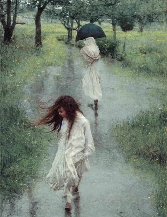 Image similar to peasant girl with long hair running under the rain, cottage core, cinematic focus, polaroid photo bleached vintage pastel colors high - key lighting, soft lights, foggy, by steve hanks, by lisa yuskavage, by serov valentin, by tarkovsky, oil on canvas