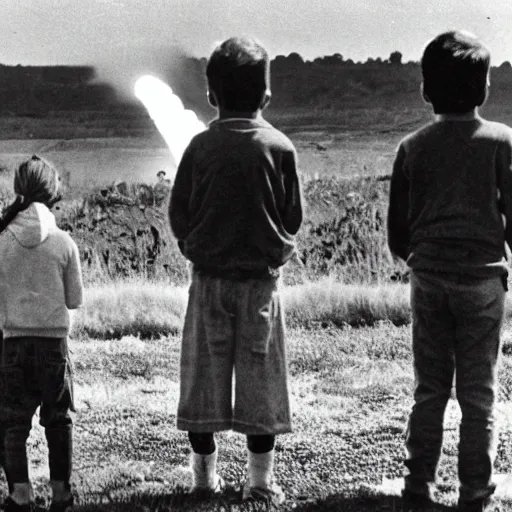 Image similar to group of kids watch as a nuclear bomb goes off in the background, nuclear detonation, burst, blow up, big mushroom cloud, group of kids watching an explosion in the distance