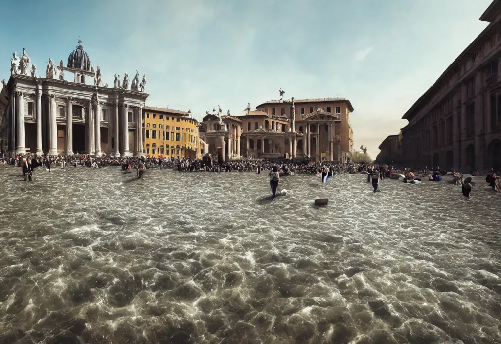 Prompt: kodak portra 4 0 0 photographic and realistic, st. peter's square in rome, detailed, octane render, unreal engine, 4 k, artstation, hyper realistic, wide angle, floor flooded, how a river, objects that float, 3 5 mm, sharp focus, soft light, volumetric light fog, in the style of gregory crewdson