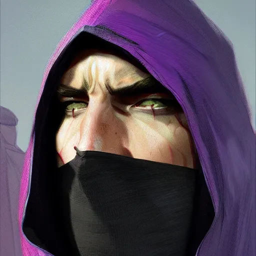 Image similar to ultra realistic illustration, man in a black hood, in a striped purple balaclava, mysterious, highly detailed, digital painting, artstation, concept art, smooth, sharp focus, illustration, art by artgerm and greg rutkowski and alphonse mucha