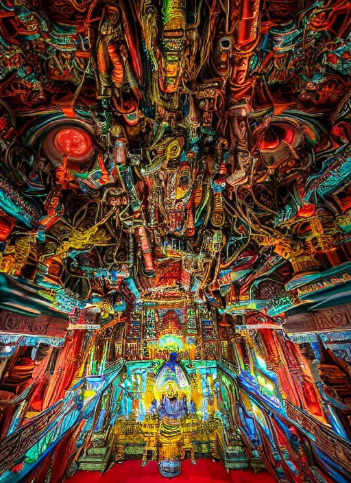 Prompt: breathtakingly beautiful ultrawide angle colour masterpiece weird dream, low angle view from inside a hindu temple, strange beautiful cybertronic temple, cables and tubes, eyes, incredible sense of depth and perspective and clarity, hyperrealism, realistic, symmetry symmetrical, 8 k