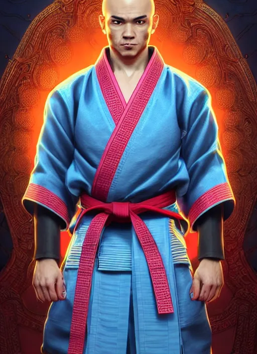 Prompt: male martial artist with a mostly shaved head and a high ponytail!!! asian facial features and blue eyes!! intricate ornate blue robes!! character concept art, sharp focus, octane render! unreal engine 5! highly rendered!! trending on artstation!! detailed linework!! illustration by artgerm, wlop, and chie yoshii